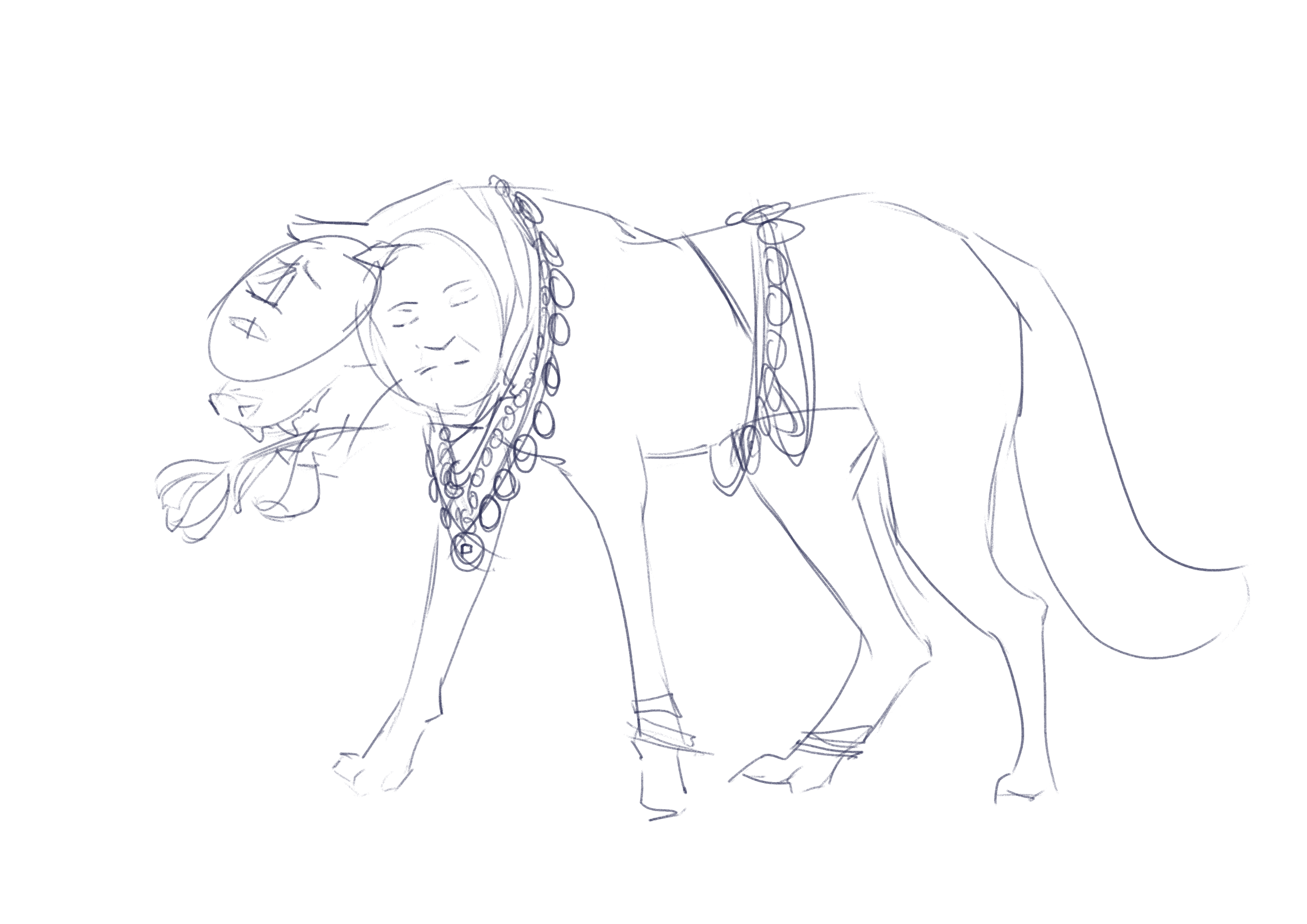 Digital sketch of a wolfdog wearing jewelry and masks on its head, holding a flower in its mouth.