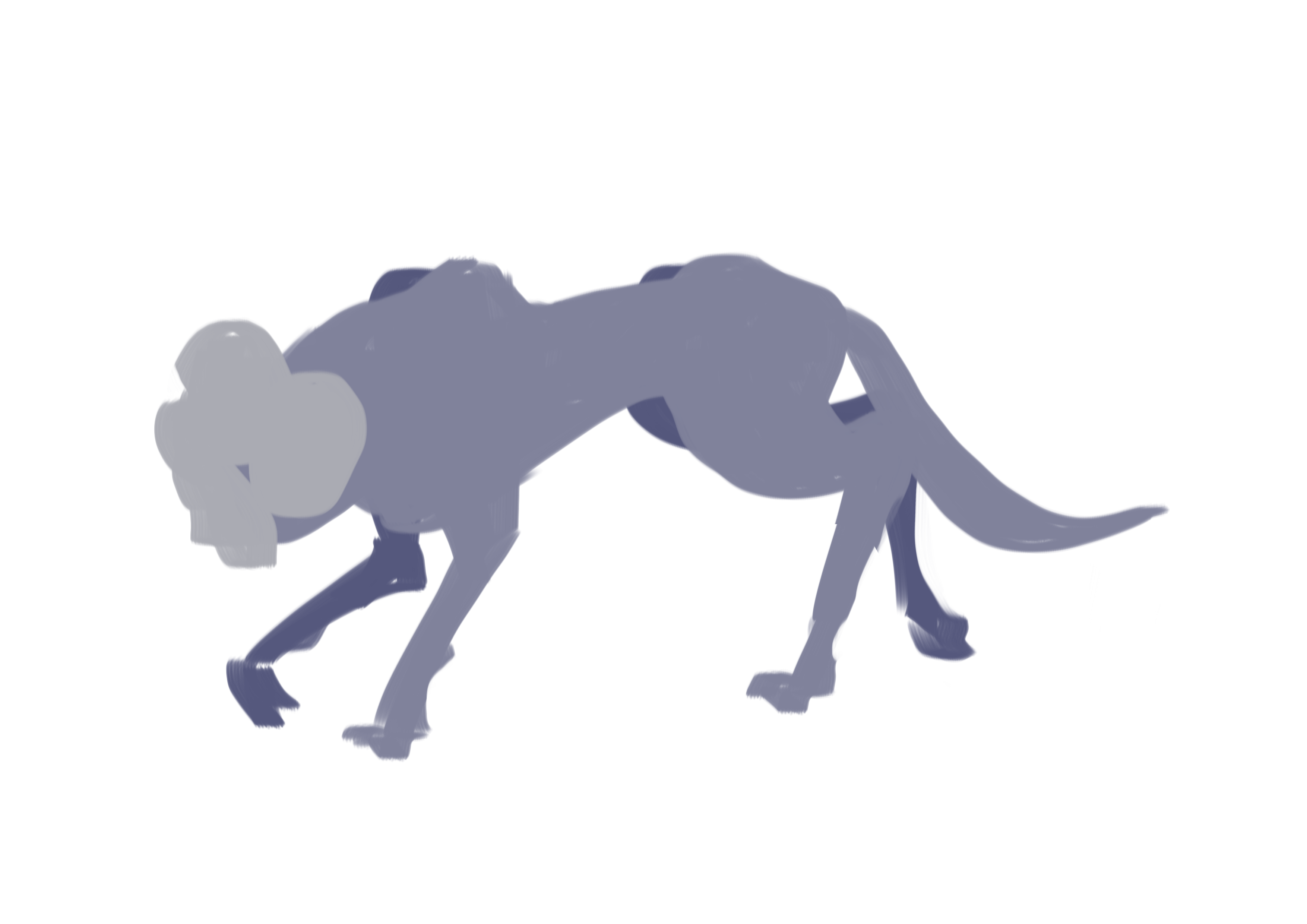 Digital sketch of a doglike creature with four masks instead of a face.